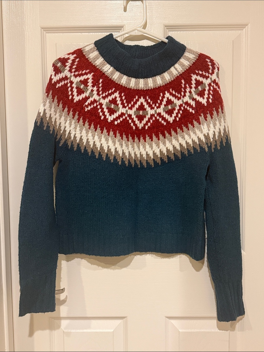 American Eagle Outfitters Teal Fair Isle Turtleneck Sweater with Red Yoke